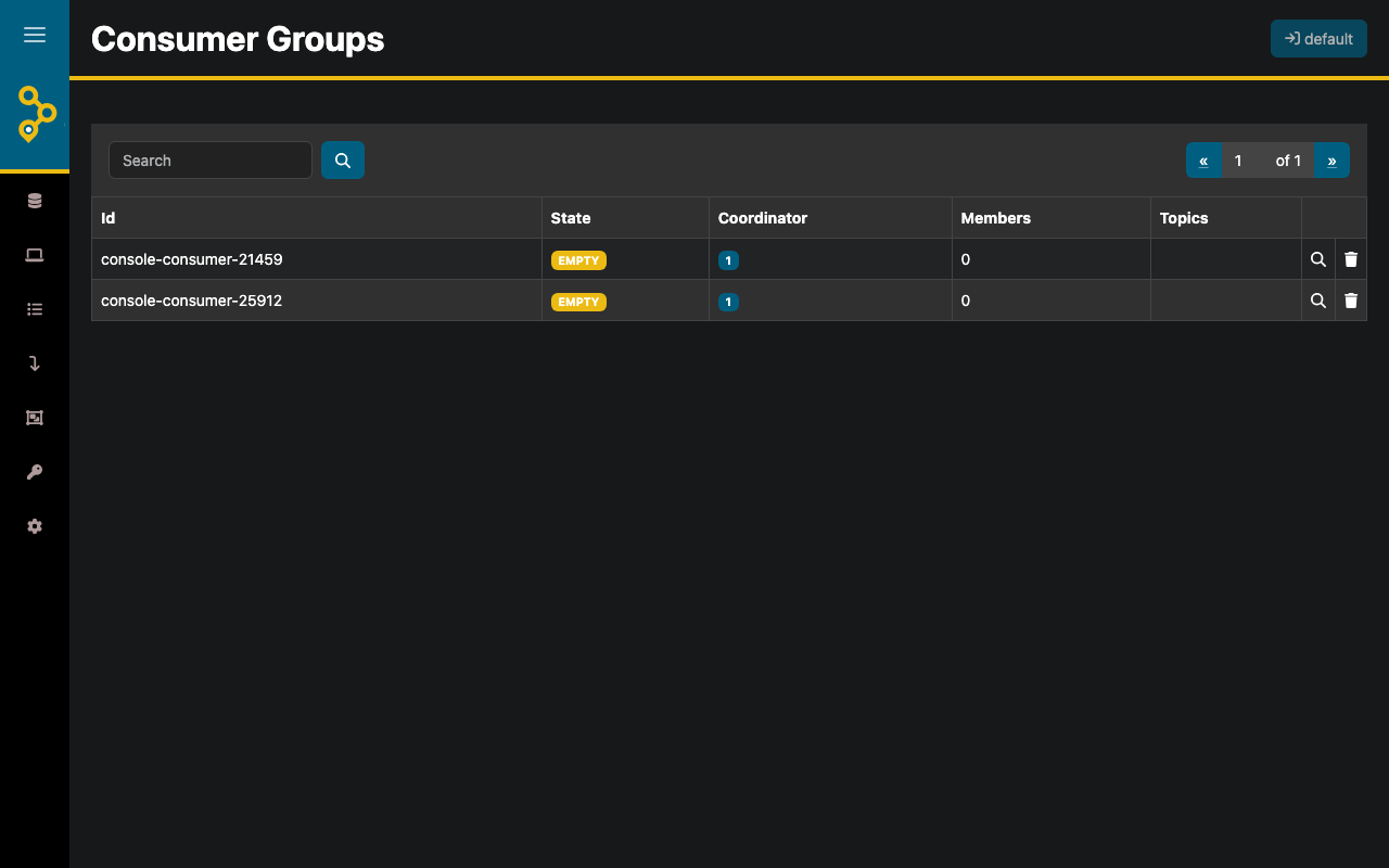AKHQ Consumer Groups tab — empty by default, populates as consumer groups commit offsets