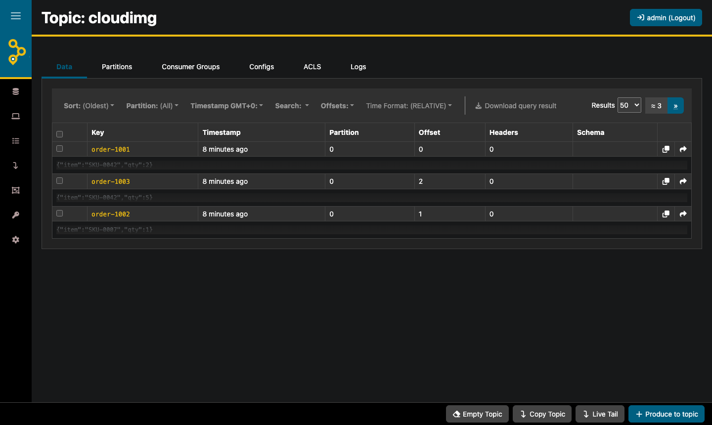 The cloudimg topic in AKHQ with the three order messages, their keys, partitions and offsets