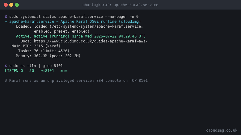 apache-karaf.service active (running), Karaf SSH console listening on TCP 8101