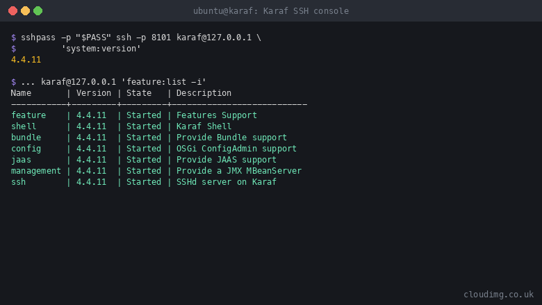 Karaf SSH console login with the per-instance credential; system:version returns 4.4.11