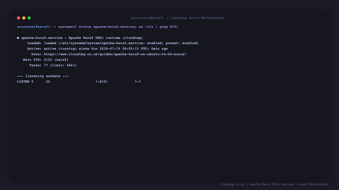 apache-karaf.service active (running), Karaf SSH console listening on TCP 8101