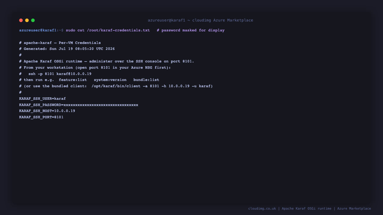 Per-VM karaf console credential in a 0600 root-only file; password unique to this VM