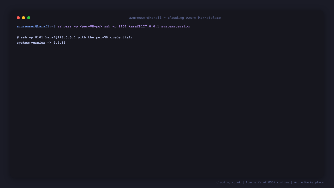Karaf SSH console login with the per-VM credential; system:version returns 4.4.11