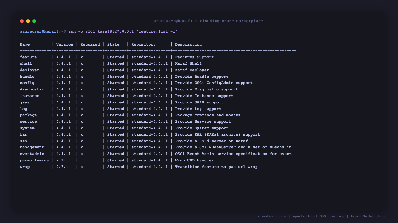 Karaf feature:list over the console showing the installed OSGi features