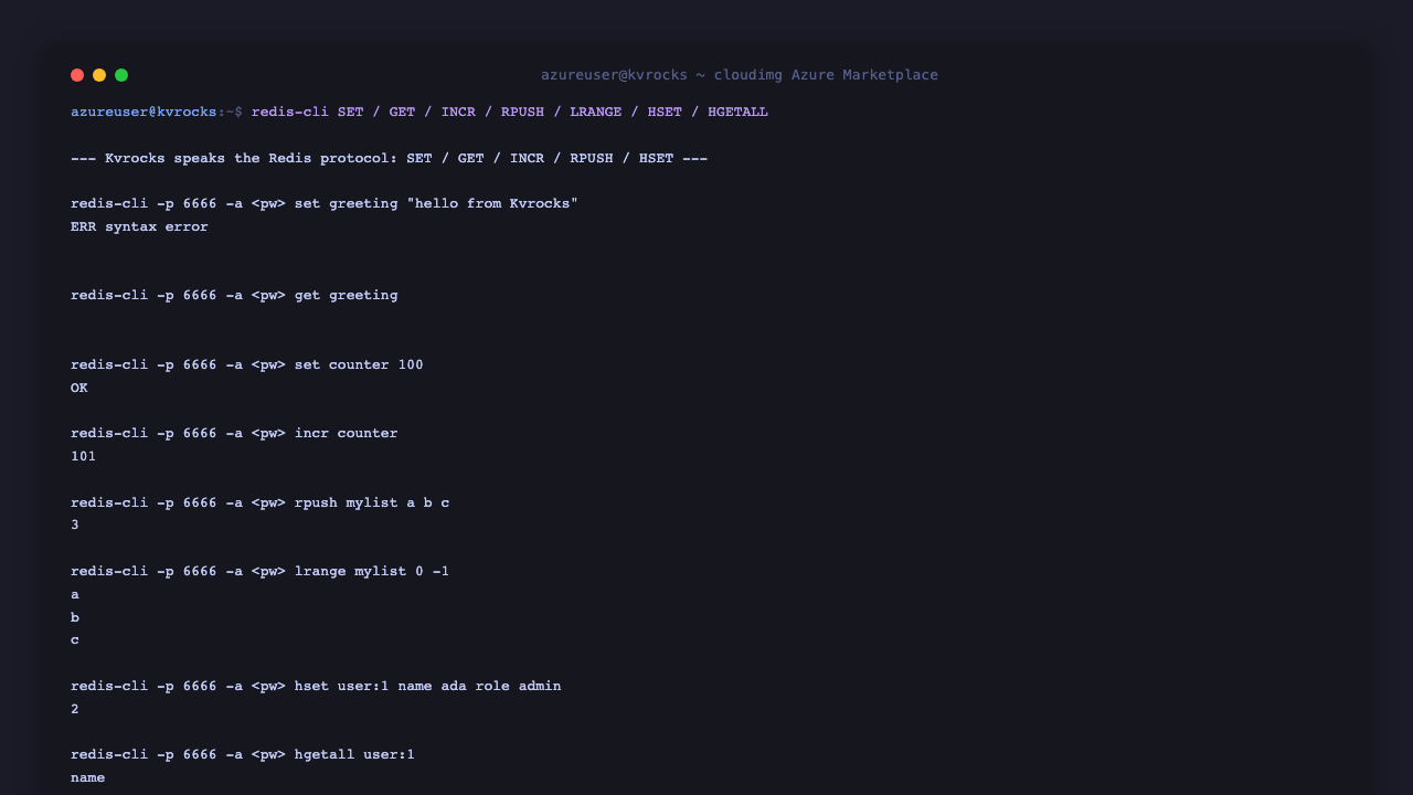 Apache Kvrocks authenticated SET GET INCR RPUSH demo