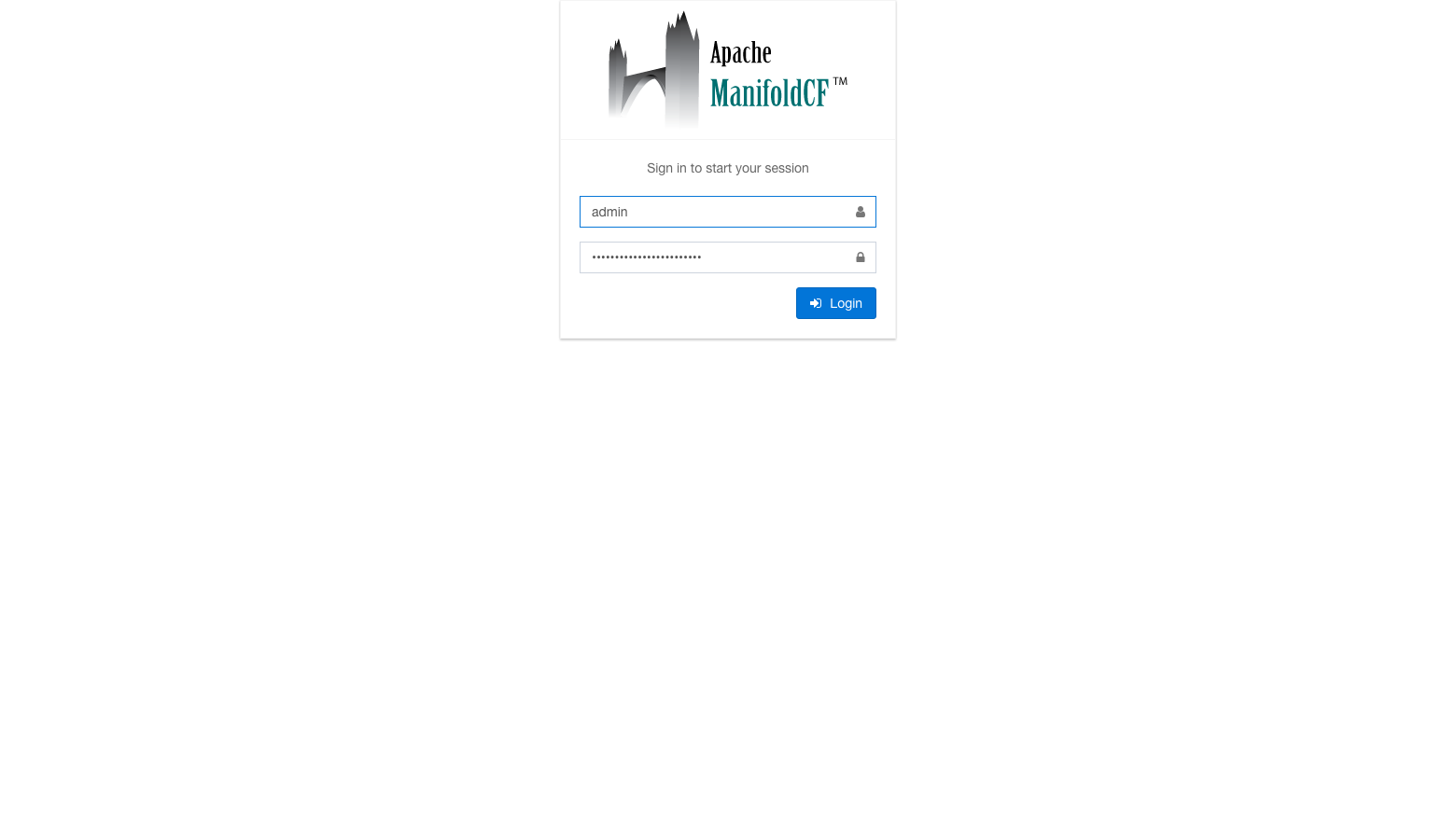 The Apache ManifoldCF sign in form with the admin user name and a masked password filled in