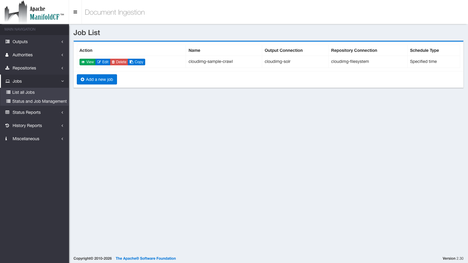 The ManifoldCF Job List with the cloudimg-sample-crawl job, its cloudimg-solr output connection and cloudimg-filesystem repository connection