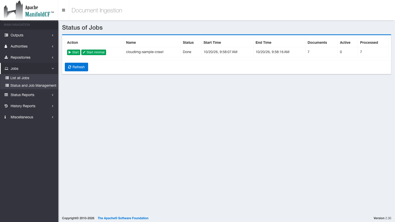 The Status of Jobs page with cloudimg-sample-crawl Done, 7 documents and 7 processed