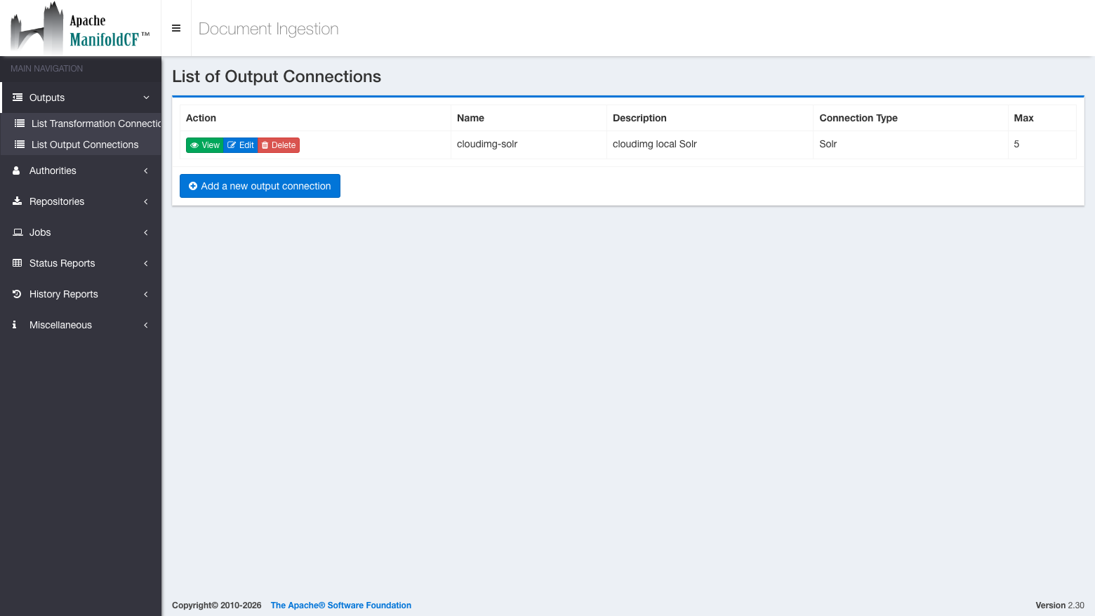 The List of Output Connections page with the cloudimg-solr connection of type Solr