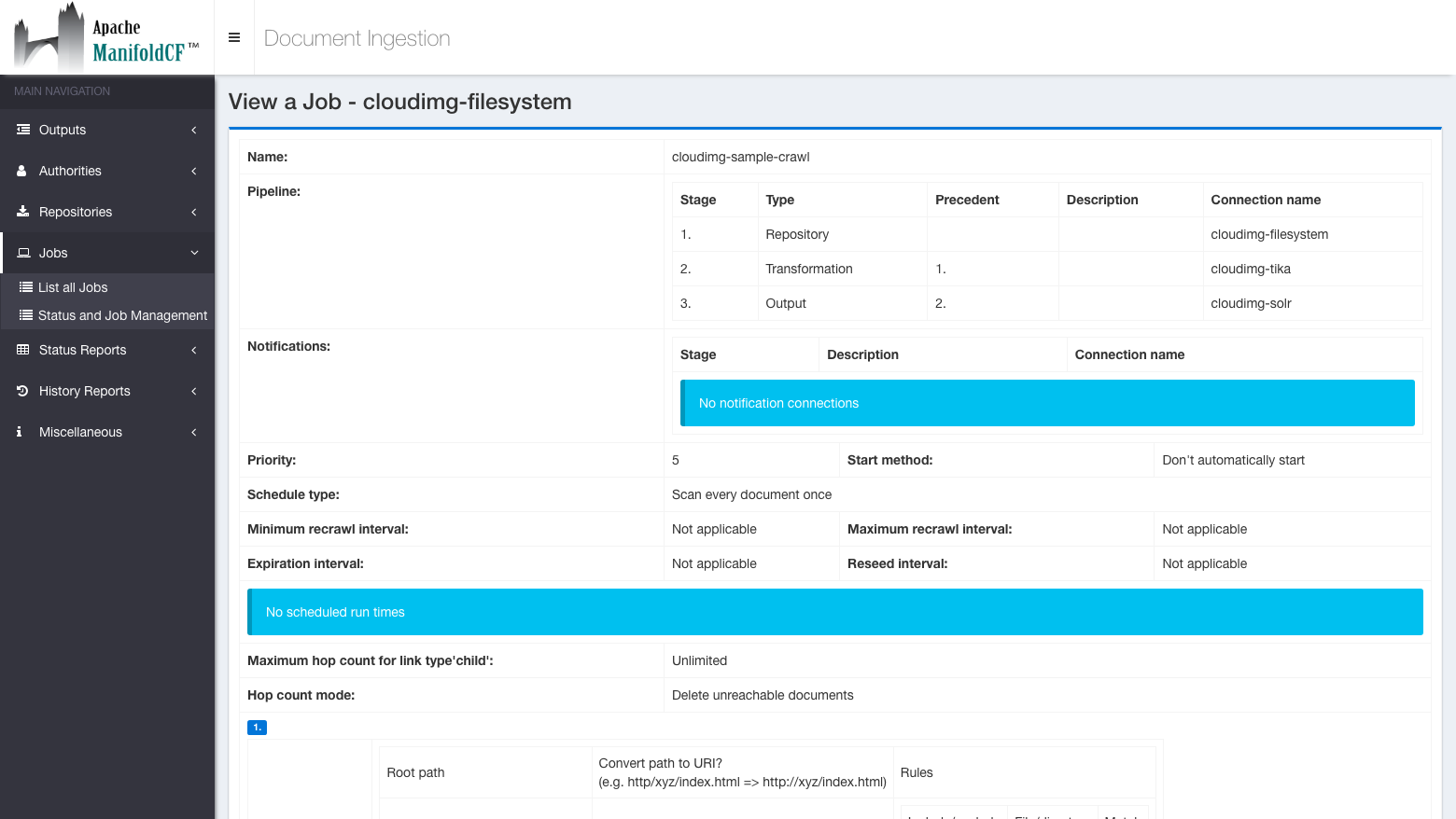The View a Job page for cloudimg-sample-crawl showing a three stage pipeline: repository cloudimg-filesystem, transformation cloudimg-tika and output cloudimg-solr