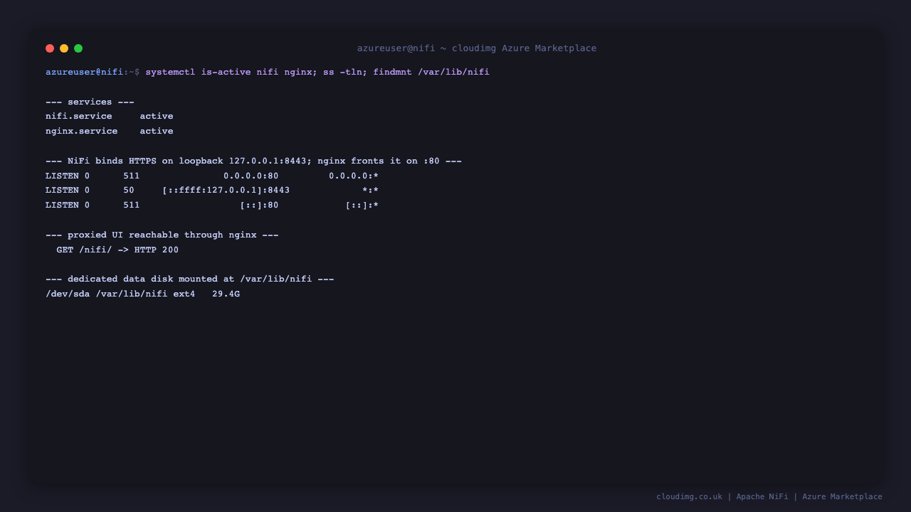NiFi services active and the UI reachable through nginx