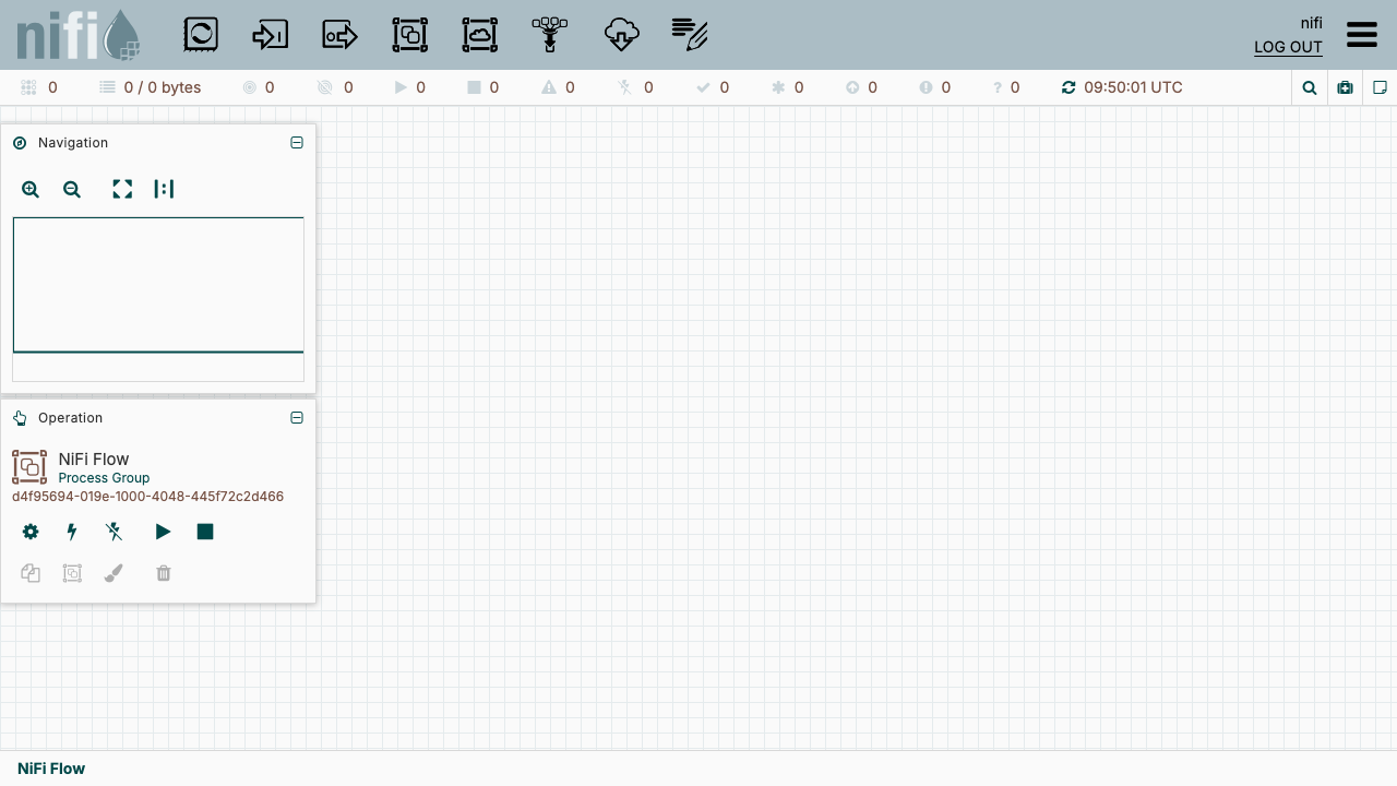 The NiFi flow design canvas after signing in
