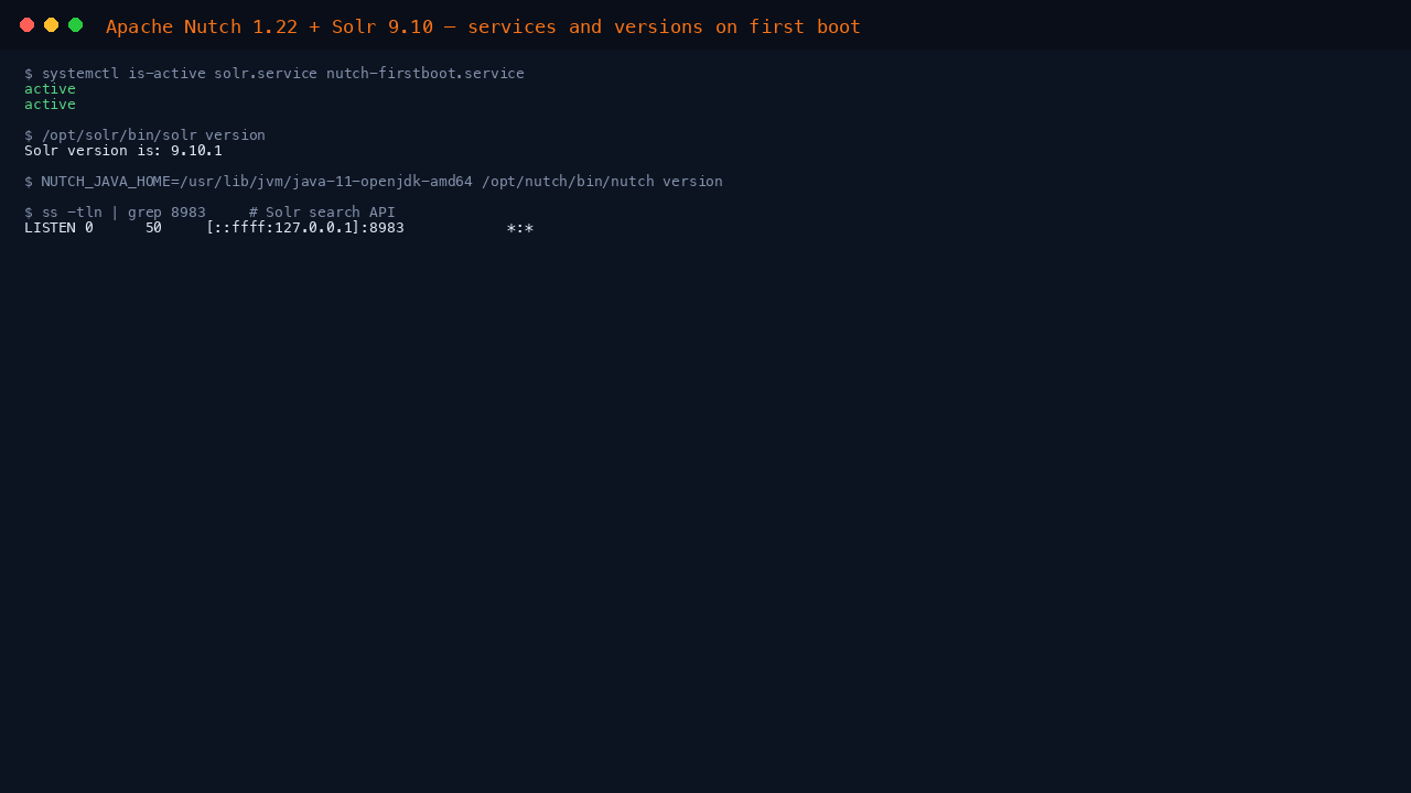Apache Nutch 1.22 and Solr 9.10 services and versions on first boot, Solr listening on 8983