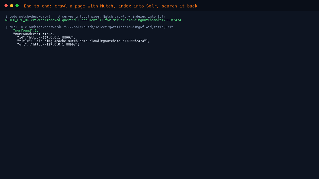 End to end: Nutch crawls a local page, indexes into Solr, and the document is searched back out with numFound 1