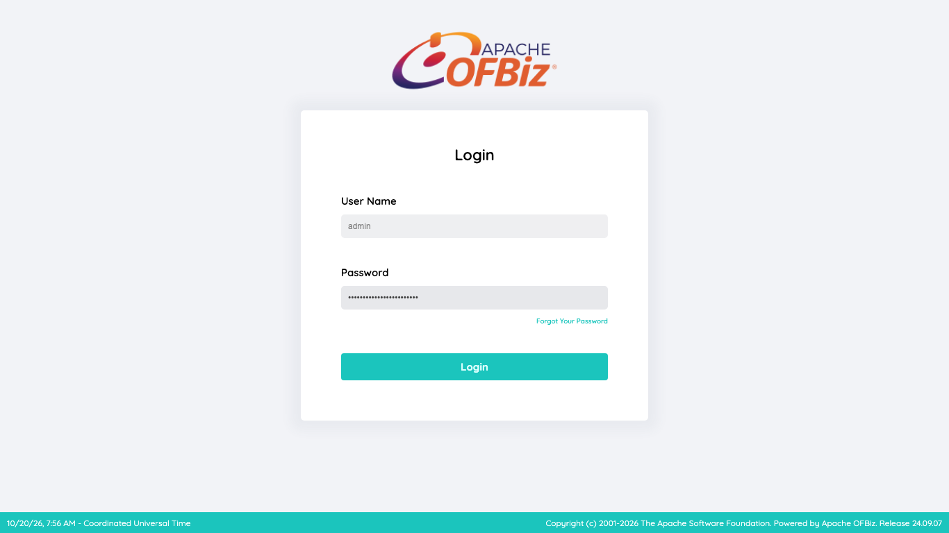 The Apache OFBiz login form with the admin user name and a masked password filled in