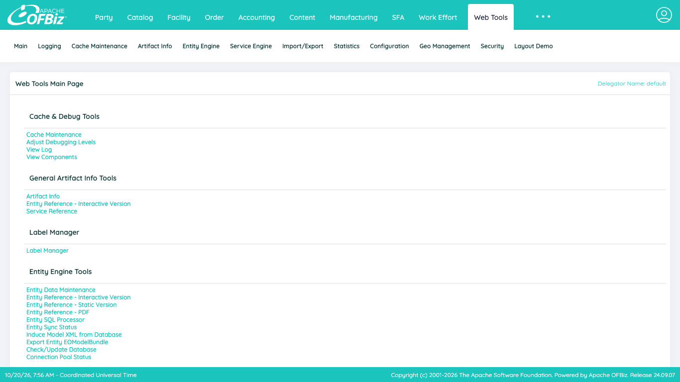 The OFBiz Web Tools main page listing cache, artifact, label and entity engine tools