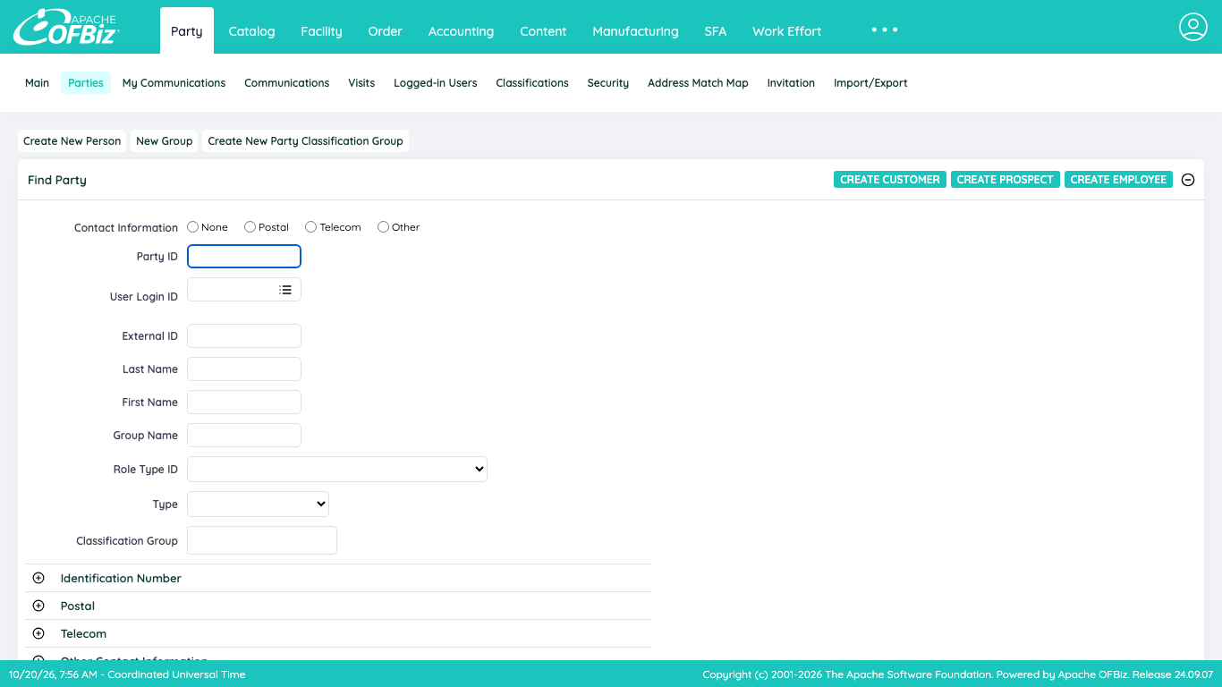 The OFBiz Party Manager Find Party screen with search fields and the Create Customer, Create Prospect and Create Employee buttons
