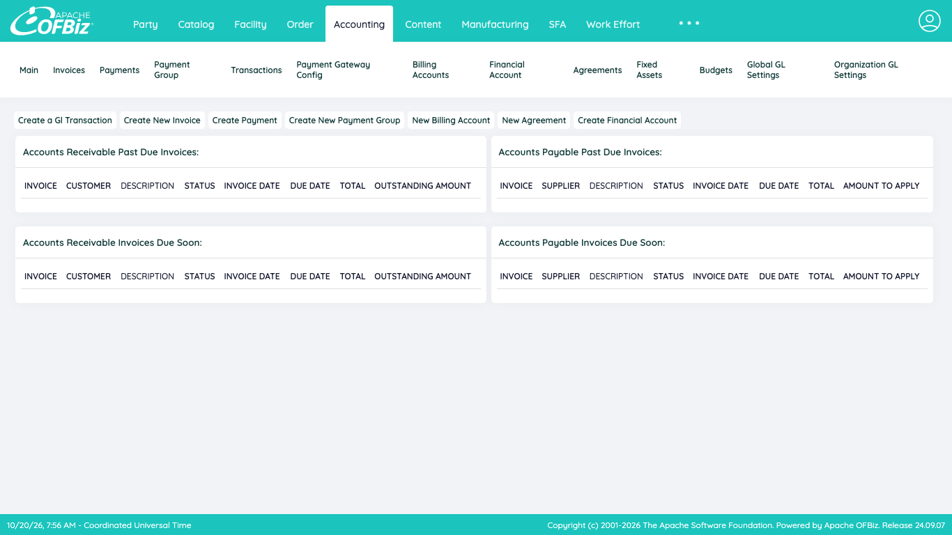 The OFBiz Accounting main page with receivable and payable invoice panels and the Create New Invoice and Create Payment buttons