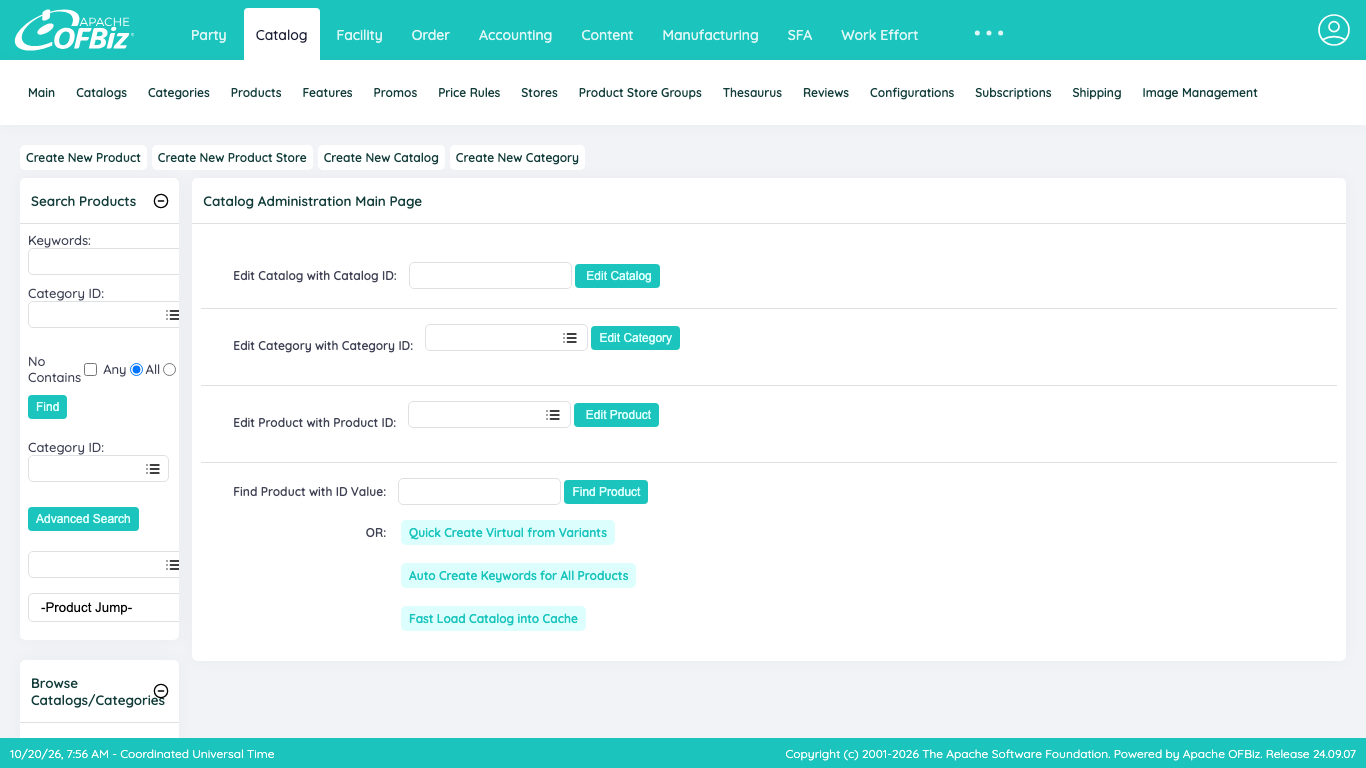 The OFBiz Catalog Administration main page with product search on the left and Edit Catalog, Edit Category and Edit Product fields