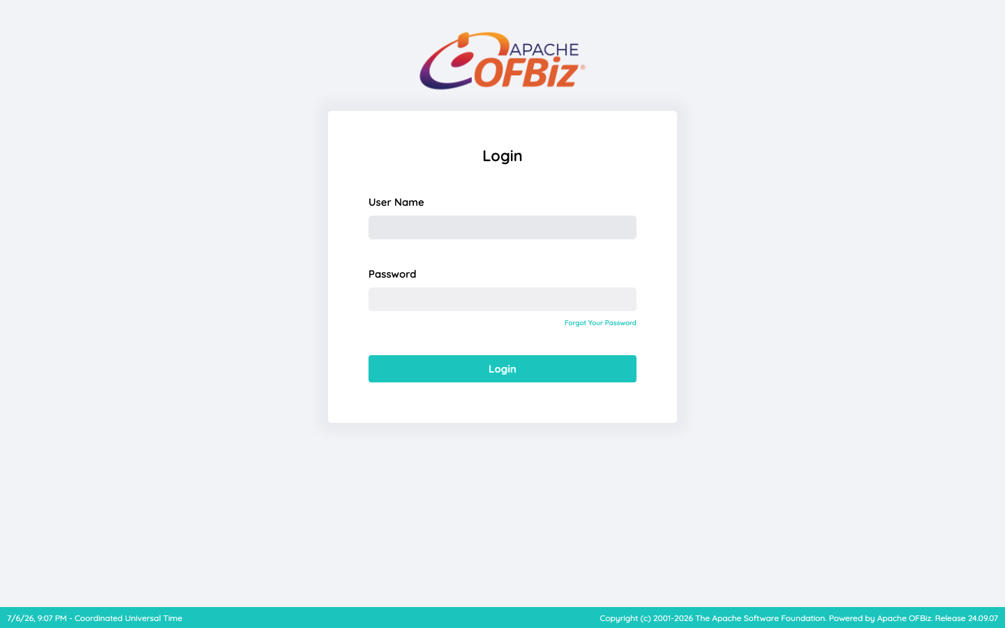 The Apache OFBiz login form