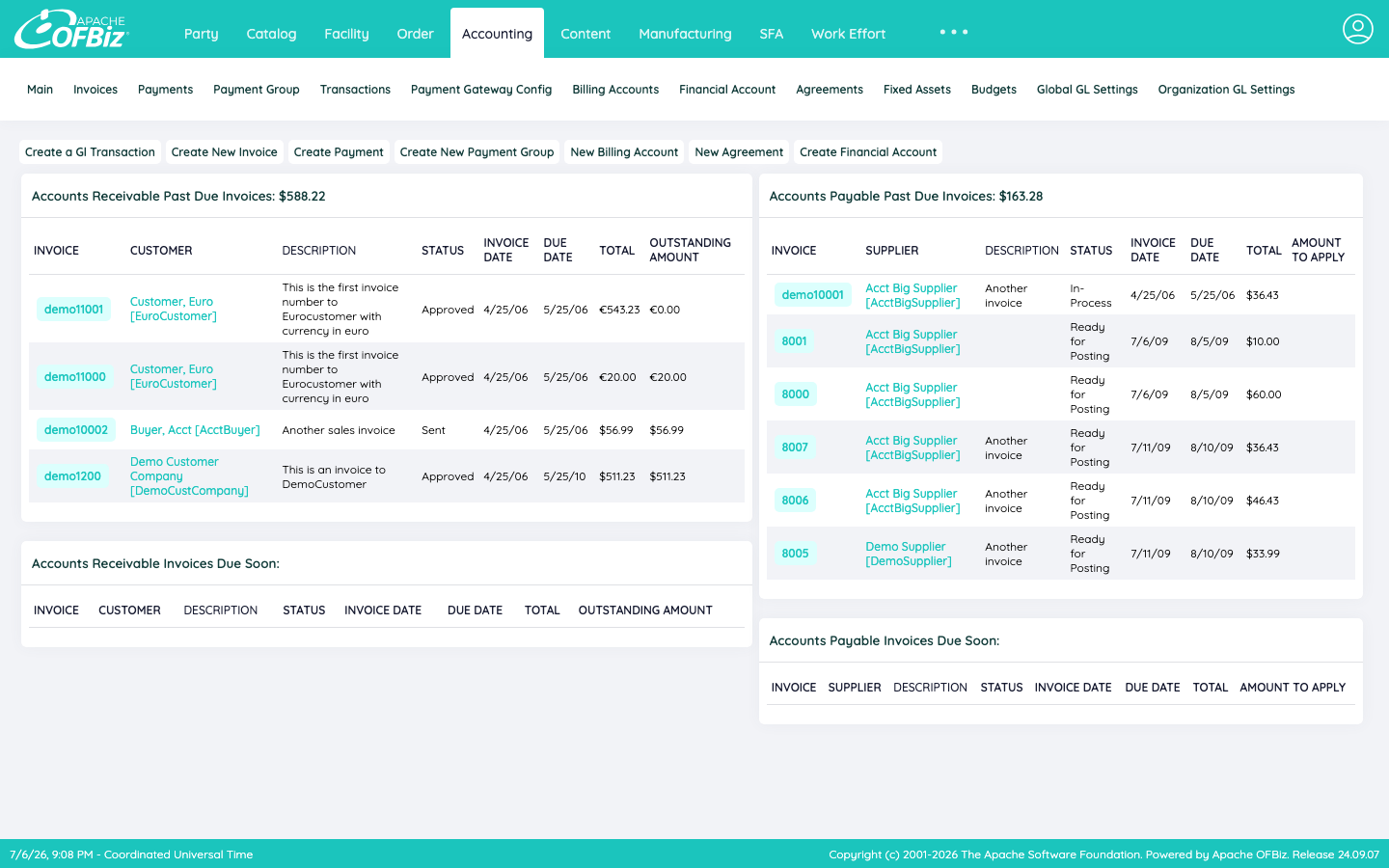 The Apache OFBiz Accounting application showing accounts receivable and payable invoices