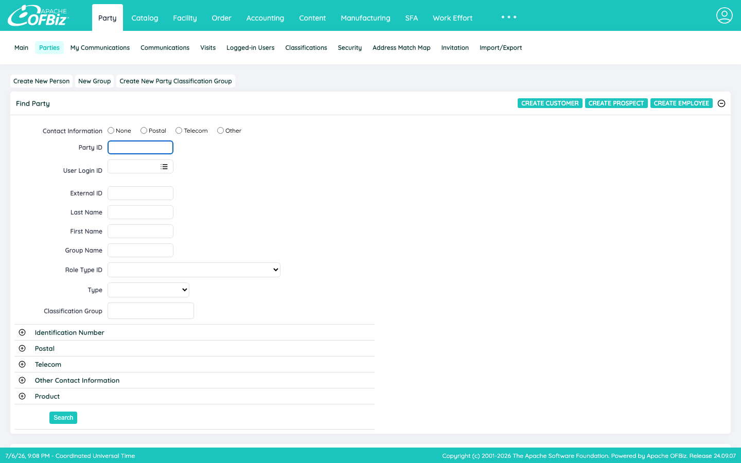 The Apache OFBiz Party / CRM application Find Party screen