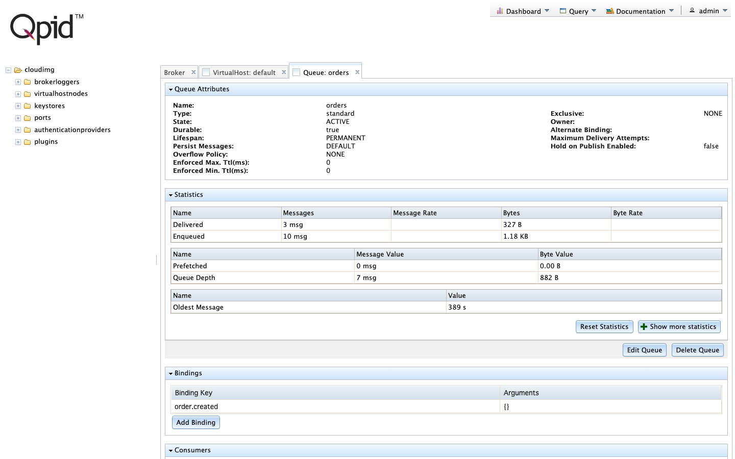 The orders queue page showing 10 messages enqueued, 3 delivered, a depth of 7 and the order.created binding