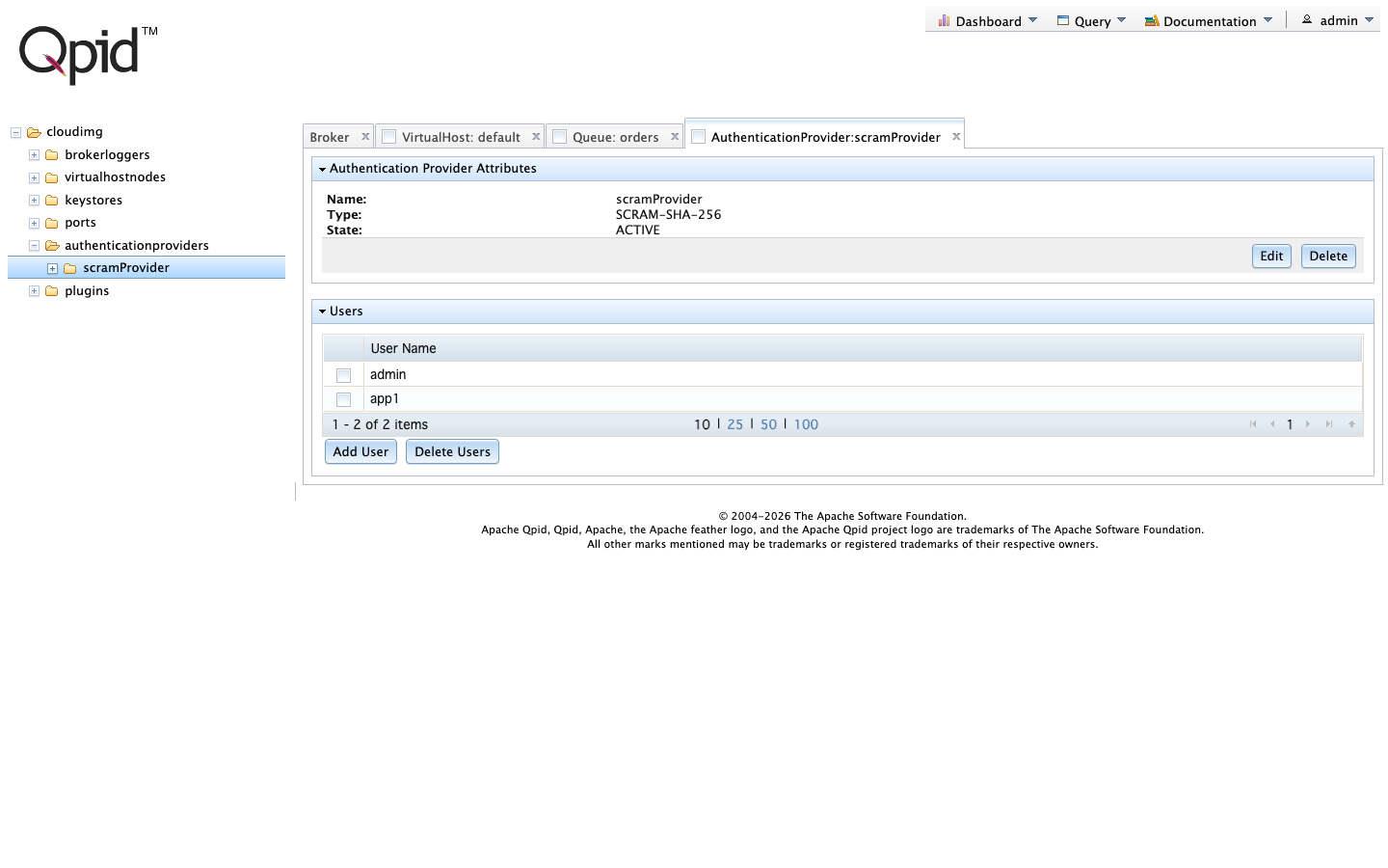 The scramProvider authentication provider of type SCRAM-SHA-256 with the users admin and app1