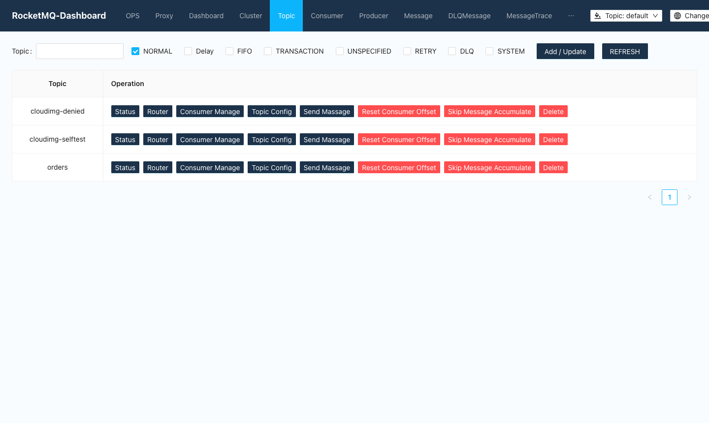 The Topic page listing the topics cloudimg-denied, cloudimg-selftest and orders with their operation buttons