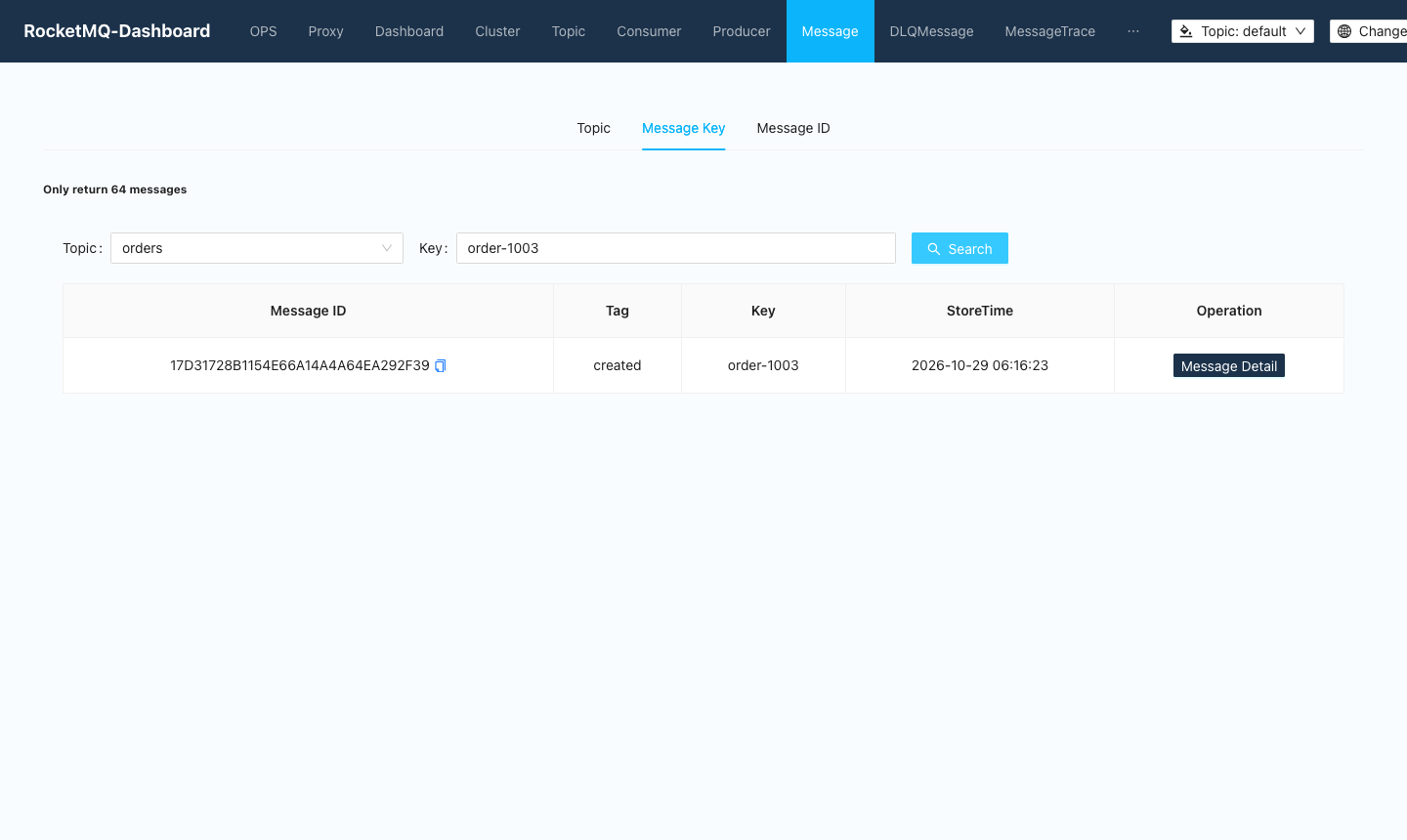 The Message page, Message Key tab: the message with key order-1003 and tag created in the orders topic