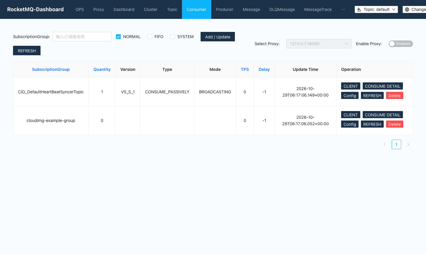 The Consumer page listing two subscription groups with their quantity, version, type, mode and last update