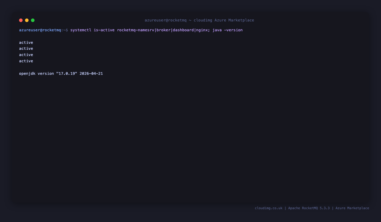 Terminal showing the four RocketMQ services active and the Java 17 version