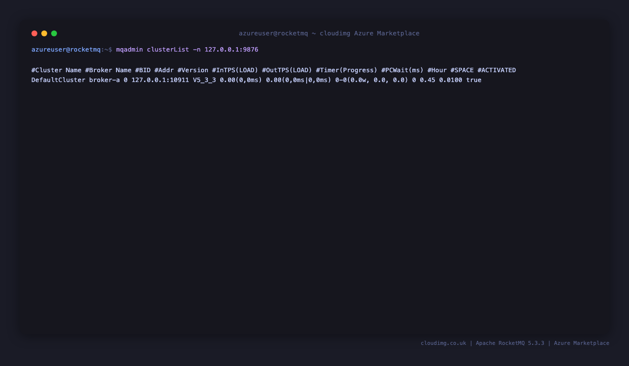 Terminal showing mqadmin clusterList with broker-a registered at version V5_3_3