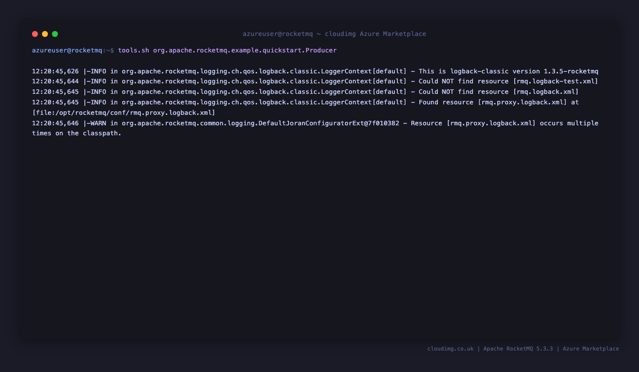Terminal showing the quickstart producer sending messages with SEND_OK results