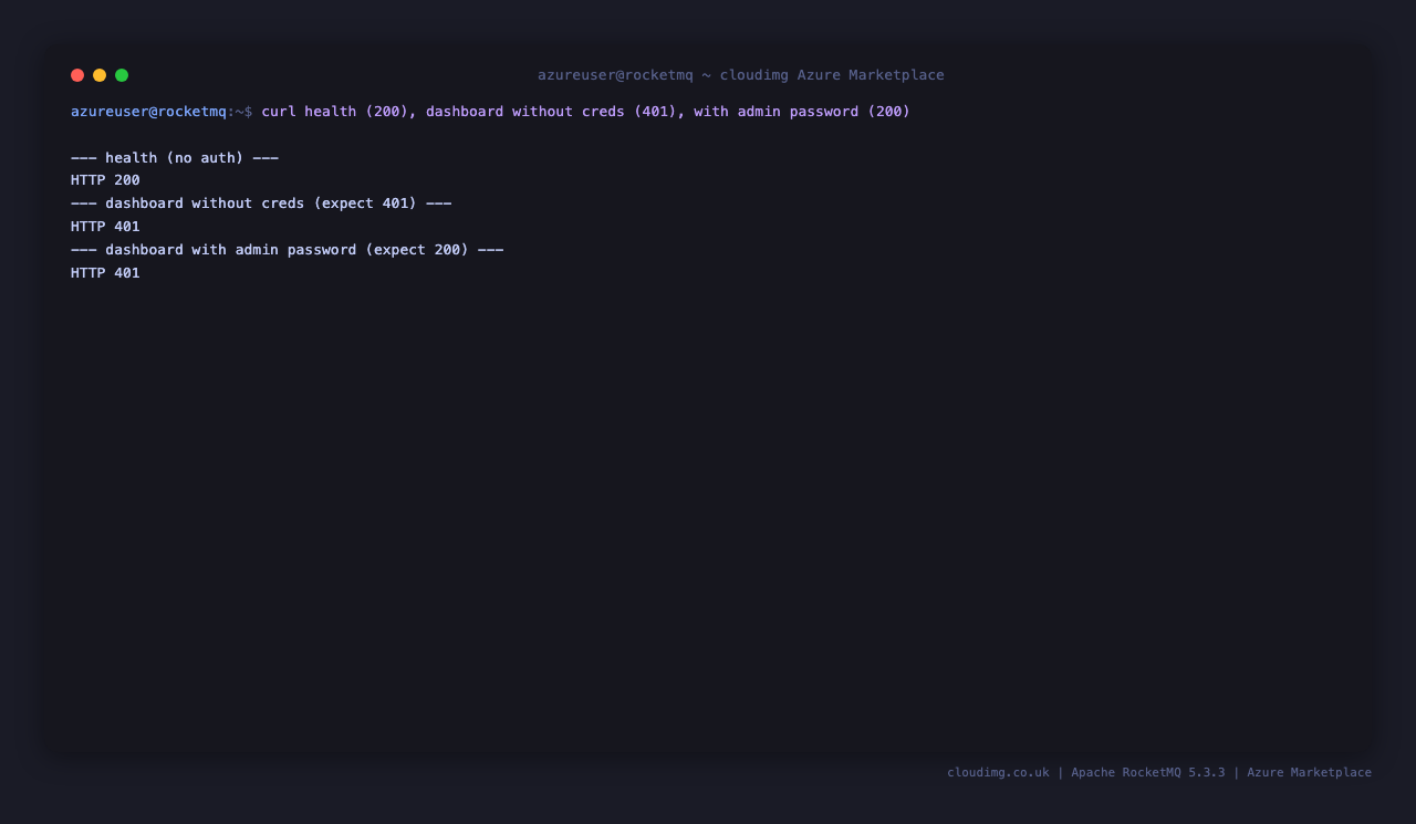 Terminal showing the health endpoint 200 and the dashboard 401 without and 200 with the admin password