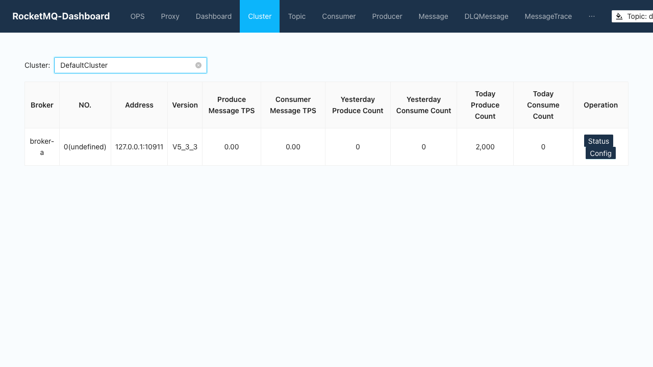 RocketMQ Dashboard cluster view showing the broker registered with version V5_3_3