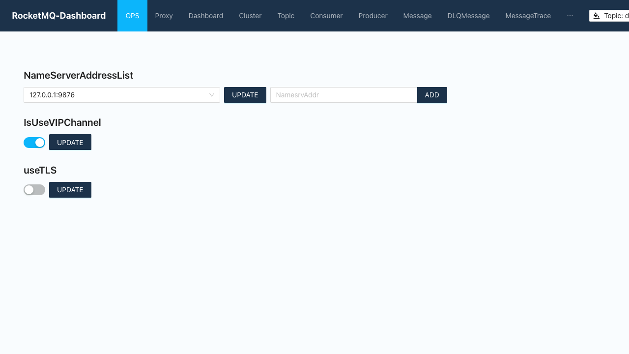 RocketMQ Dashboard ops view showing NameServer address, VIP channel and TLS config