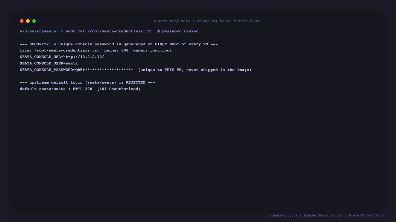 Per-VM console credentials, root only, with the upstream default rejected