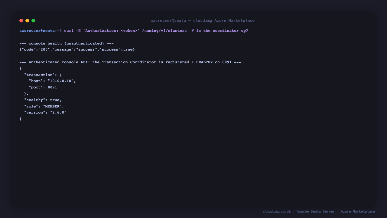 Console API confirming the coordinator is registered and healthy on 8091