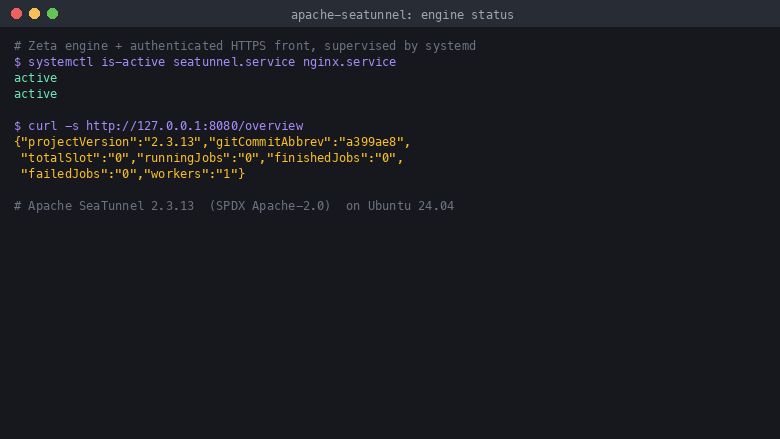 Apache SeaTunnel Zeta engine active under systemd with the REST API reporting version 2.3.13