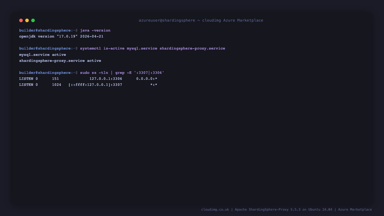 ShardingSphere Proxy and backend MySQL both active, loopback listeners on 3307 and 3306