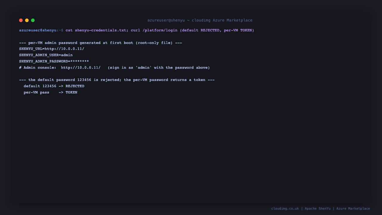 Per-VM admin password and the login round-trip: default rejected, per-VM token granted