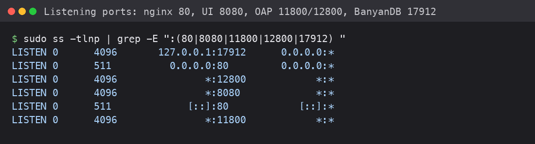 Terminal output listing the SkyWalking listening ports