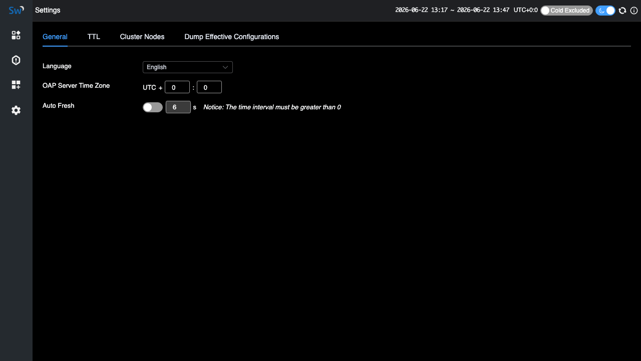 Apache SkyWalking Settings page