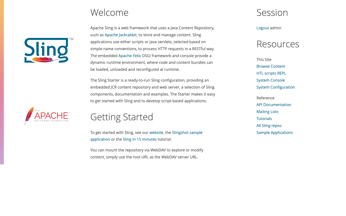The Apache Sling Starter welcome page after signing in as admin