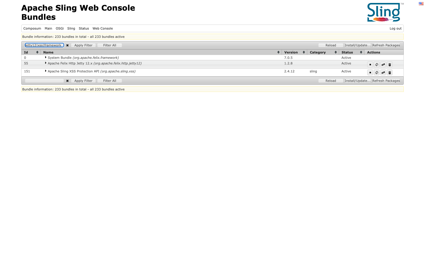 The Sling web console Bundles page filtered to the Felix framework, the Jetty 12 bundle 1.2.8 and Sling XSS 2.4.12, all active
