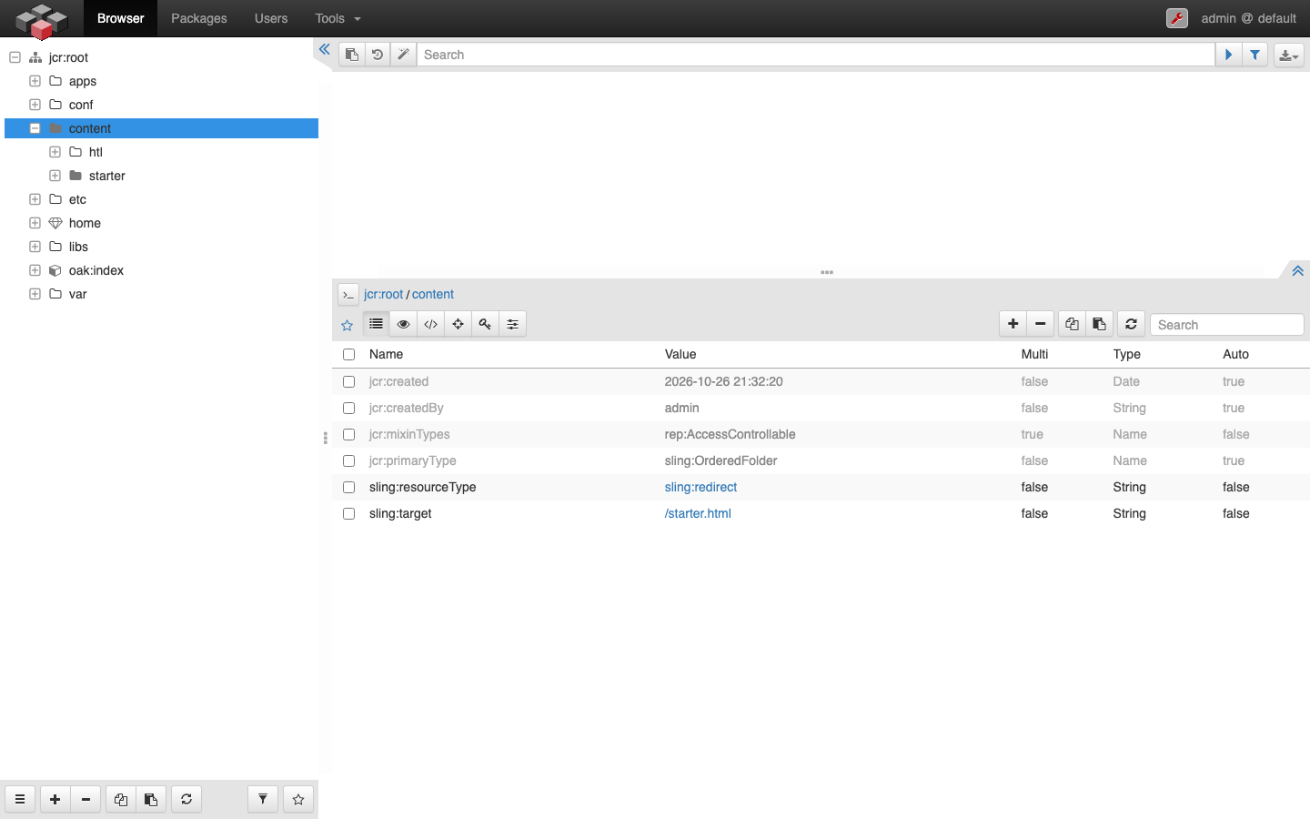 The Composum repository browser showing the content node and its properties