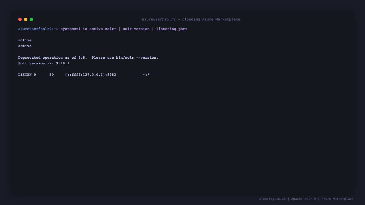 solr.service active (running) and solr-firstboot.service inactive (oneshot completed); Solr CLI reports version 9.10.1