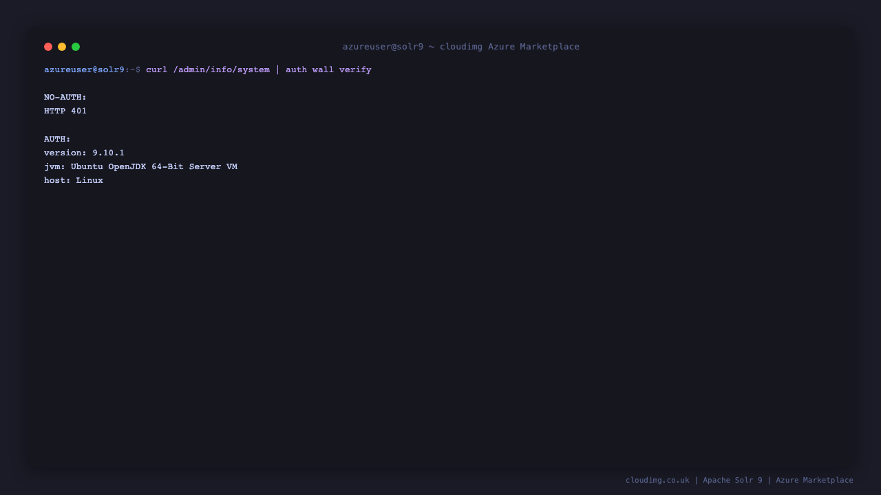 Solr returns HTTP 401 without auth and the full system info JSON when authenticated as cloudimg
