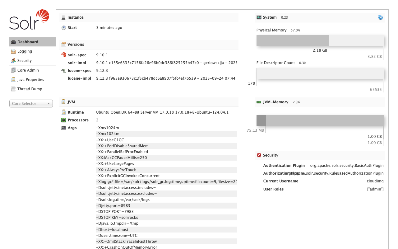 Apache Solr 9.10 Admin UI Dashboard with cloudimg authentication active — JVM, args, and instance stats visible